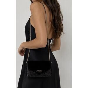 Jimmy Choo Parfums Black Glitter Evening Crossbody Clutch Bag Gold Chain New